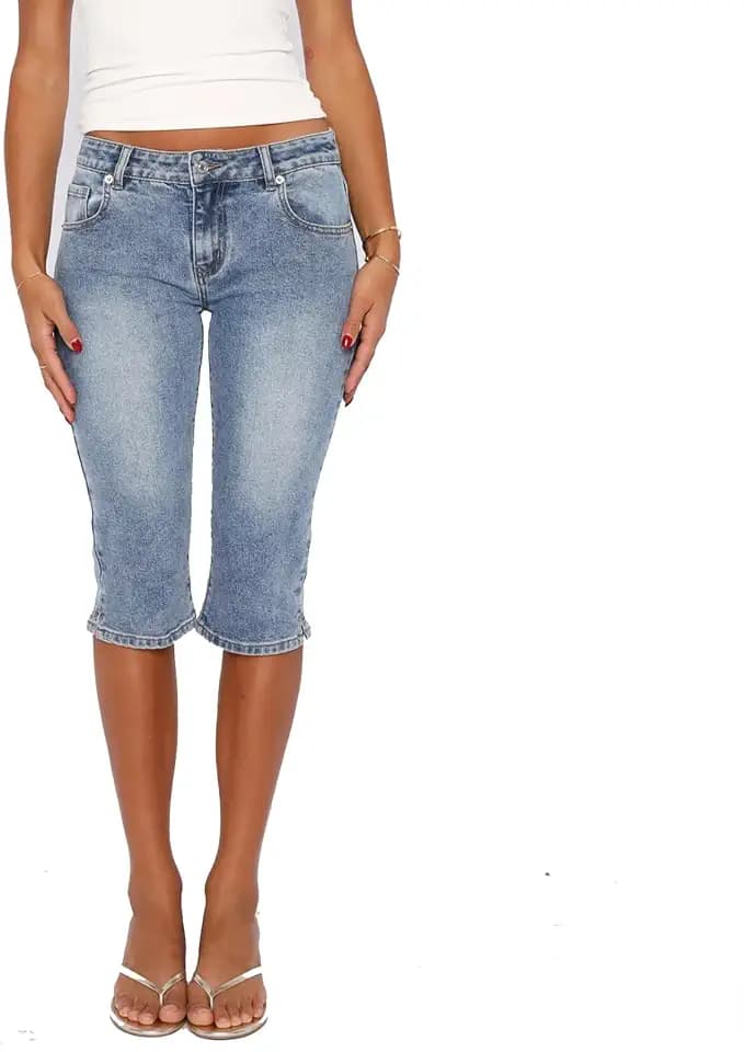 Mxiqqpltky Low Rise Capri Jeans for Women Stretch Straight Leg Denim Capris Skinny Knee Length Cropped Pants Y2k Streetwear