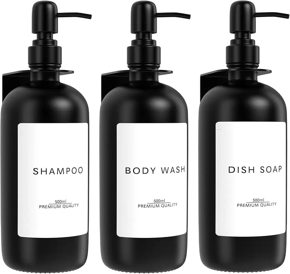Lannvan 3er Set Seifenspender Wandbefestigung aus Glas - Edelstahl Pumpspender für Flüssigseife - 500ml Seifenspender Schwarz Matt - Kleben oder Bohren - Spülmittelspender