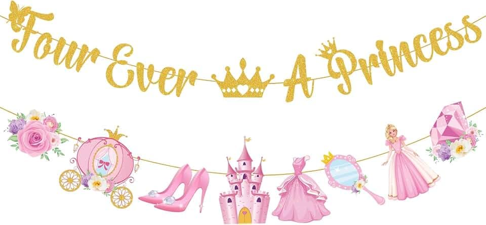 Fullhawl Four Ever a Princess Birthday Decor Princess 4th Birthday Banner