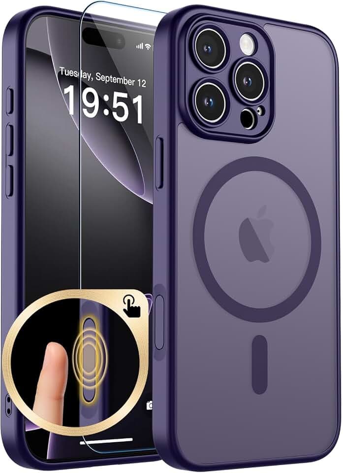 SUPFINE Magnetic for iPhone 16 Pro Case with Camera Control Button,[Full Camera Protection][1+Tempered Glass Screen Protector] Slim Translucent Matte Shockproof Phone Cover,Dark Purple