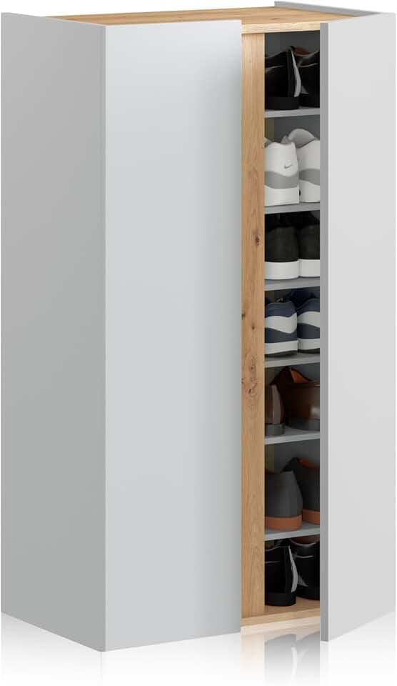 duehome | Eitan, Schuhschrank mit 2 Türen, Schuhschrank, Finish in Artik-Weiß und Eiche Nodi, Maße: 56,5 cm (L) x 102 cm (H) x 35 cm (T)