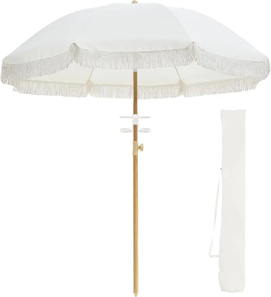 Patio Fringe Umbrella with Cup Holder,UPF50+ Boho Outdoor Umbrella with Tassel for Beach,Backyard,Terrace