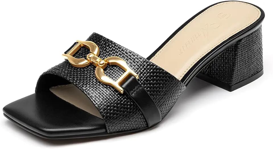 Athlefit Raffia Heeled Sandals Women Slip On Chunky Block Heels for Summer