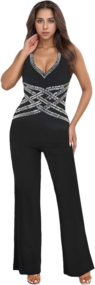 PORRCEY Sexy Rhinestone Jumpsuit for Women Mesh See Through Romper Clubwear