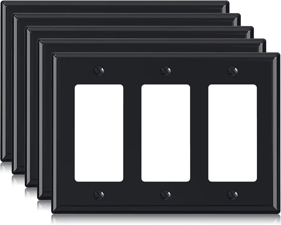 ELEGRP 3-Gang Decorative Wall Plates, Standard Size 4.53" H x 6.39" L Unbreakable Thermoplastic Faceplate Cover for Decorator Receptacle Outlet Switch, UL Listed (5 Pack, Glossy Black)