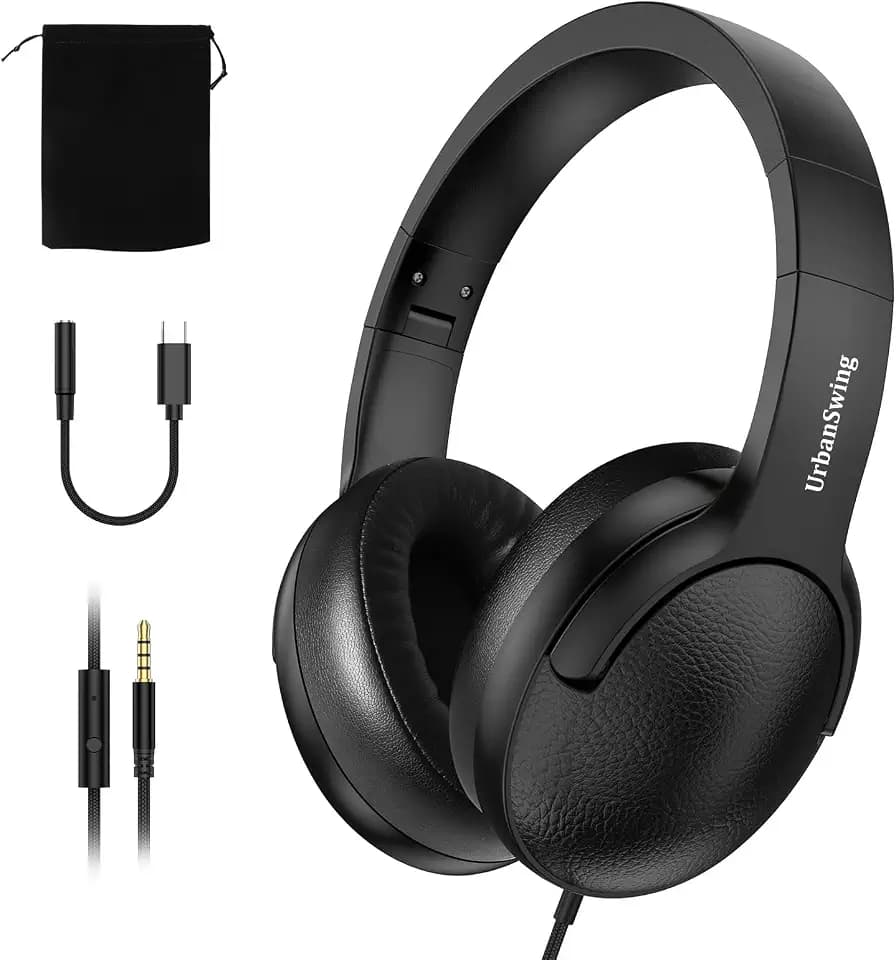 W4 Wired Headset Bundle, 3.5mm Headphones with USB-C Adapter & Velvet Pouch