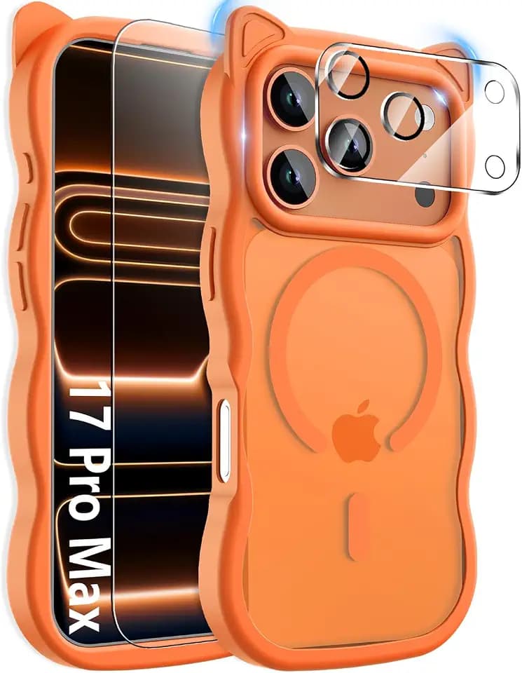 3 in 1 Magnetic for iPhone 17 Pro Max Case for Women Girls,1X Screen Protector+1X Camera Lens Protector,Compatible with MagSafe,Translucent Matte,Cute Cat-ear Wavy Phone Case,6.9",Bright Orange
