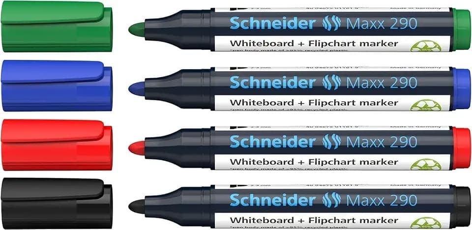 Schneider Maxx 290 Marker (für Whiteboards und Flipcharts, Rundspitze 2-3 mm Strichstärke, rückstandsfrei trocken abwischbar, hohe Qualität, kräftig und farbintensiv) Etui mit 4 Farben