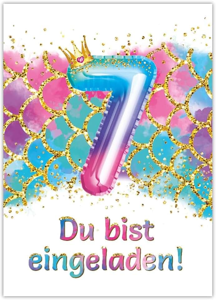 12 Einladungskarten zum 7. Kindergeburtstag Meerjungfrau Mädchen Mädchengeburtstag Einladungen siebte Geburtstag Kinder