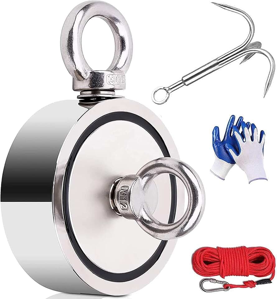 Magnetfischen Set 770KG Doppelseitig Ösenmagnet Mit Seil 20M Carabiner Suchanker Handschuhen Ø94mm Magnetangeln Set zum Magnet fischen Magnetfischen