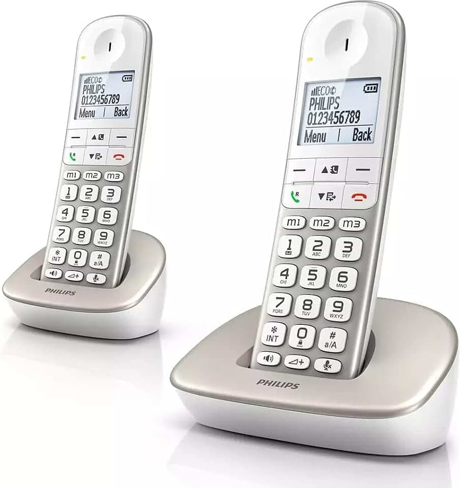 Philips XL4902S/34 - Pack 2 Schnurlostelefone (16 Stunden, Headset kompatibel, Direktwahl, freihändig, 2 Nummern pro Kontakt, rutschfest, Noise Reduction) Weiß / Gold