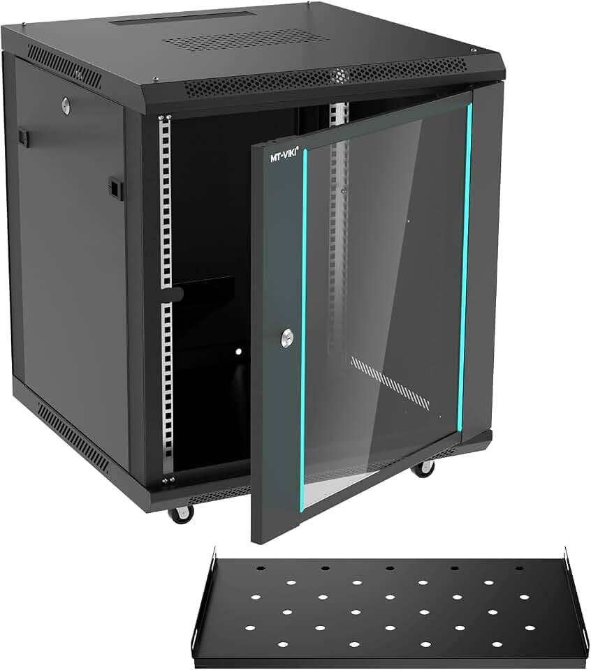 MT-VIKI 12HE Netzwerkschrank HxBxT 600x 650x600mm, 0.8mm SPCC-Kaltgewalzter Stahl, 600mm Tiefe, Traglast 60kg, mit 4 Rollen & 1x 12'' Rack-Regalboden