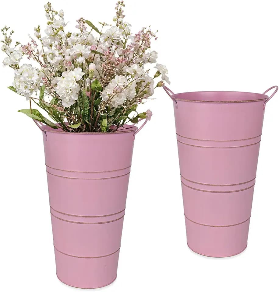 12 Inch Galvanized Metal Vase, 2 Pack Tall Flower Buckets with Handles