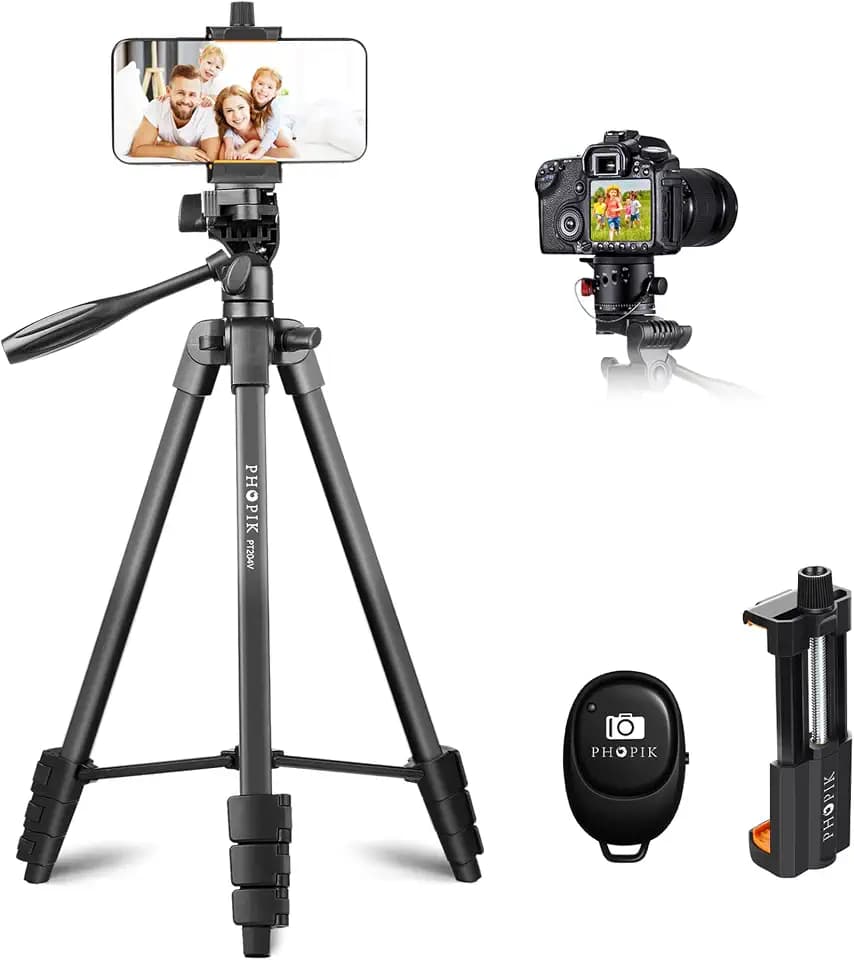 55" Phone Tripod, PHOPIK Aluminum Extendable Tripod Stand with Shutter, Carrying Bag, Compatible with iPhone/Android/Sport Camera&Insta 360 x5 Perfect for Video Recording/Selfies/Live Stream/Vlogging