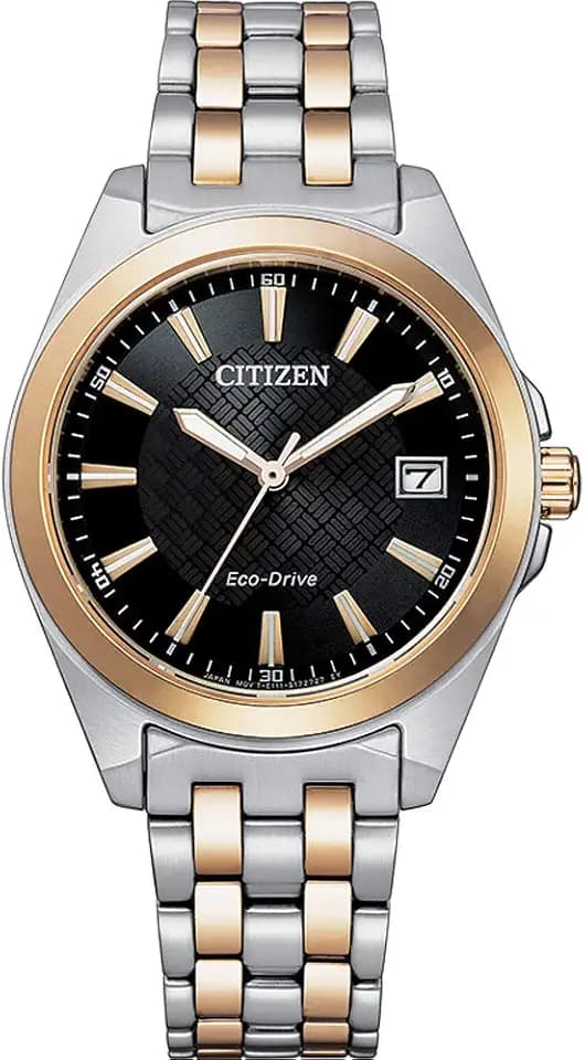 Citizen Eco-Drive Damenuhr Edelstahl, Schwarz, 33.5 mm, EO1213-85E | Eco-Drive Solar, Keine Batterie Nötig, Saphirglas, 10 bar Wasserdicht, 180 Tage Gangreserve, Datum, Edelstahlband