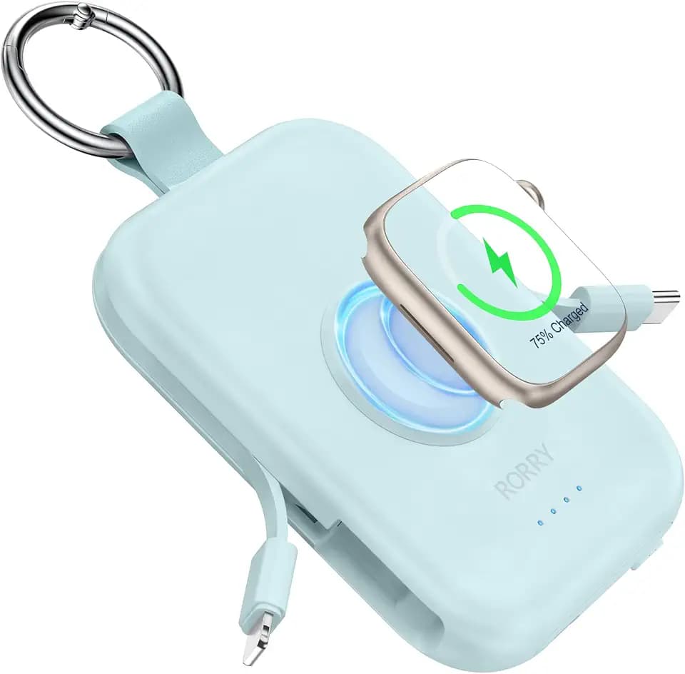 RORRY CharmGo Powerbank 5000mAh, Power Bank mit Integriertem USB C Kabel
