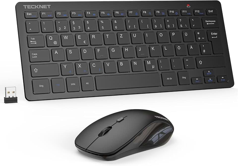 TECKNET Kabelloses Tastatur Maus Set, Deutsch QWERTZ Layout, 2.4 GHz Funk Mini Tastatur Mouse, 15m Reichweite Verbindung, Wireless Leise Funktastatur mit Maus für PC, Laptop, Smart TV, Schwarz