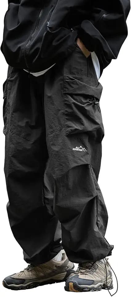 Men's Baggy Wide Leg Cargo Pants for Hiking Work Travel, Parachute Pants Elastic Waist Quick Dry with Pockets