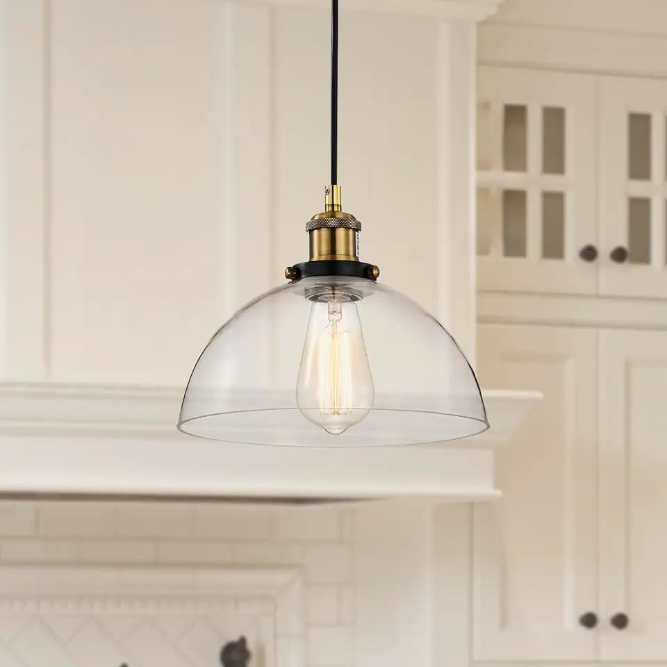 Edvivi Mateo 1-Light Pendant Lights with Clear Glass Dome Shade, Black and Antique Brass Modern Farmhouse Ceiling Lighting, Adjustable Hanging Industrial Light Fixture for Kitchen, Dining, Bedroom