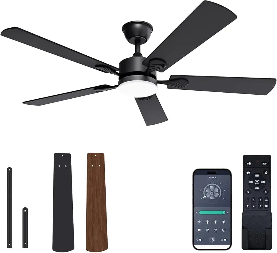 VOLISUN Ceiling Fan with Light, 52 inch Flush Mount Ceiling Fan with Lights and Remote, Dimmable LED Fan Light, Low Profile Ceiling Fan, Black Modern Ceiling Fan for Bedroom, Indoor/Outdoor