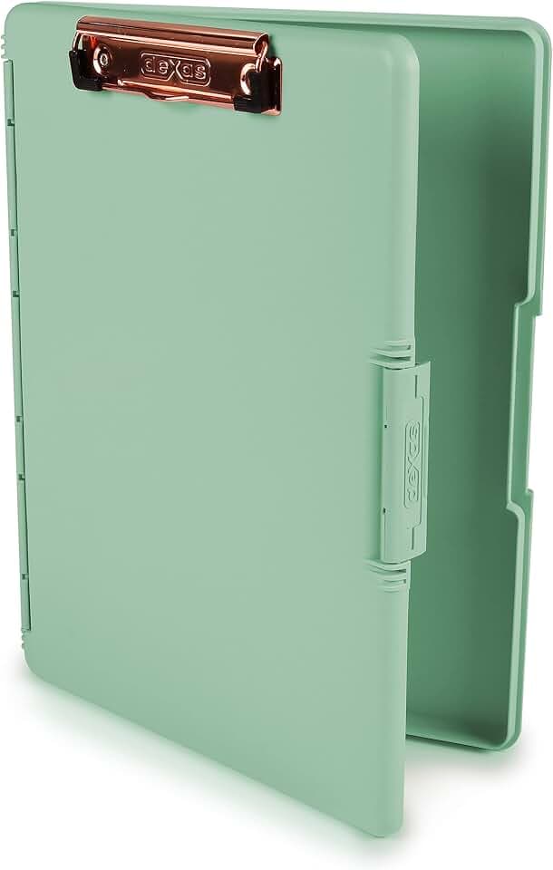 Dexas Slimcase 2 Plastic Clipboard with Storage and Side Opening, Foam Green Rose Gold, Office Supplies Clipboards to Organize, Carry and Store, A4 Holder, Nursing Clipboards