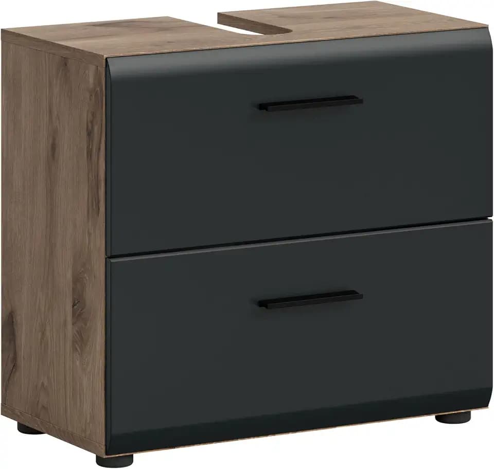 xonox.home – Waschbeckenunterschrank Ice 60x54x60 cm in Korpus Nox Oak Nachbildung und Front schwarz matt – Moderner Badschrank Unterschrank für Waschbecken – warm & natürlich