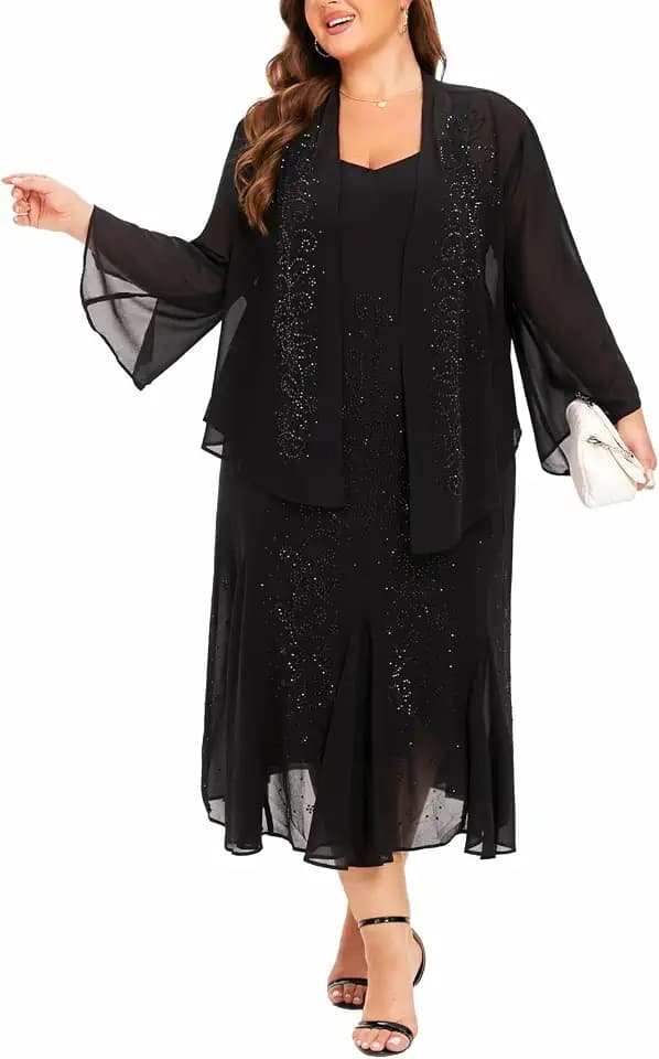 Plus Size Jacket Dress Suits 2 Piece Chiffon Sets Delicate Rhinestone Pattern Mother of Bride Dresses for Wedding