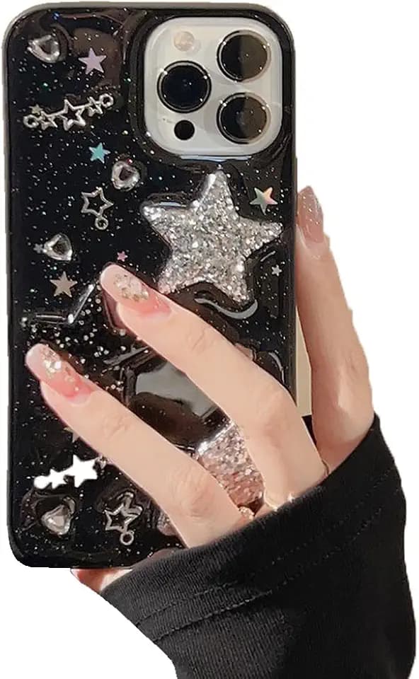 for iPhone 17 Case Black Bling Stars 3D Hearts Diamond Twinkle Star