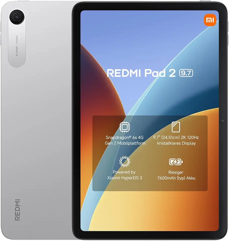 XIAOMI Redmi Pad 2 Tablet 9,7 Zoll, 4GB + 128GB, Snapdragon 6s Gen 2, 2K 120Hz Display, 7600mAh Akku, Silber, 3 Jahre Garantie, ohne Ladegerät