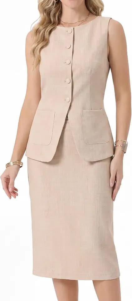 Allegra K 2-teiliges Rock-Set für Damen, Leinen, ärmellos, U-Boot-Ausschnitt, Button-Down-Blazer und Bleistiftrock, Business-Anzüge