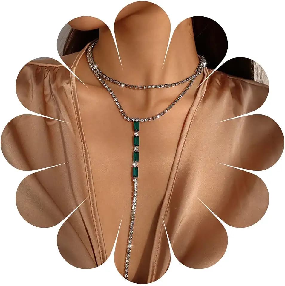 YienDoo Sexy Long Crystal Y Necklace Choker Chain Wedding CZ Rhinestone Collar Lariat Emerald Pendant Necklace Green Crystal Charm Necklace Silver Unique Layered Crystals Prom Necklace for Women