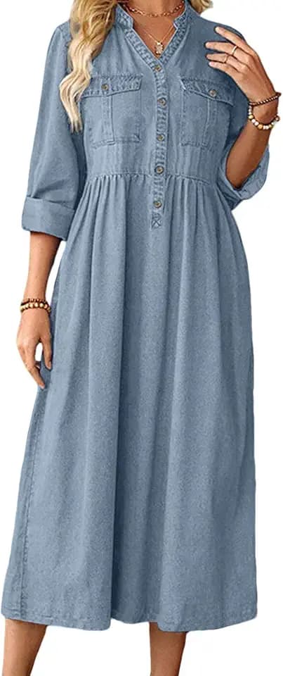 loveimgs Women Casual Button Down High Waist Midi Denim Dress V Neck Pleated Shirt Jean Dress A Line Long Sleeves Pockets