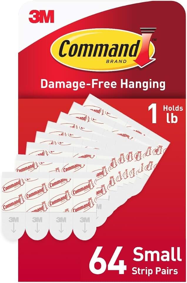 Command Kleine Nachfüllklebestreifen, Schadensfreies Aufhängen Wandklebestreifen für kleine Wandhaken im Innenbereich, ohne Werkzeug Abnehmbare Klebestreifen für Wohnräume, 64 weiße Strips
