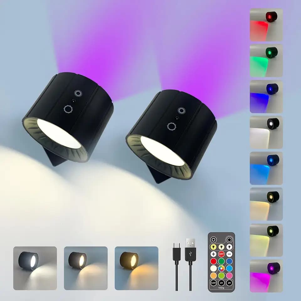 LEASTYLE Rechargeable Magnetic Wall Lights,RGBW & 3 Color Temperatures Small Adhesives Stick on Light for Bedroom,Wireless Battery Operated Sconce Surface Mounted Reading Lamp Dimmable with Remote