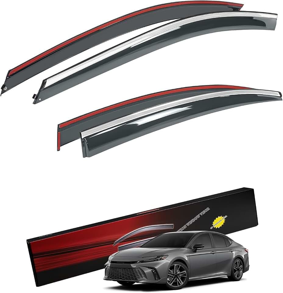 Sze Rain Guards Compatible with 2025 2026 Toyota Camry Side Window Deflectors Anti-Rain Window Visors with Tape 304 Stainless Steel Trim–Noise Reduction & All-Weather Protection Outside Channel-4pcs