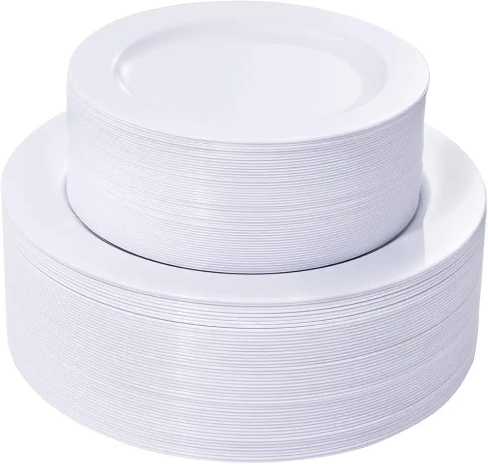 FLOWERCAT 100PCS White Plastic Plates-Heavy Duty White Disposable Plates for Christmas/Easter/Party/Wedding -Serve 50 guests 10.25inch & 7.5inch