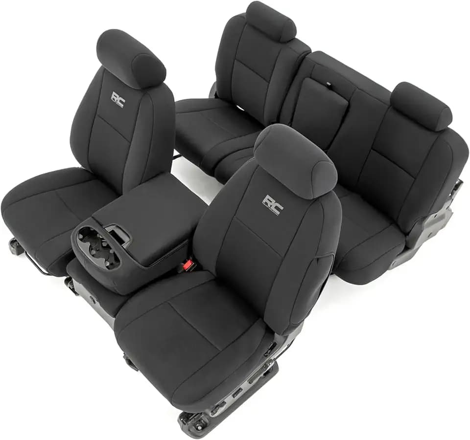 Rough Country Neoprene Seat Covers for Chevy Silverado & GMC Sierra 1500/2500HD (2007-2013) - Waterproof, UV Resistant, Foam-Padded Front & Rear Set w/Rear Armrest