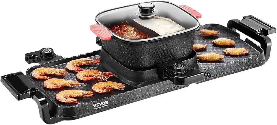 VEVOR Hot Pot 2300 W 2 in 1 elektrischer rauchfreier Grill abnehmbarer Shabu-Shabu-Topf mit Antihaft-Pfanne, separate doppelte Temperaturregelung, koreanischer Indoor BBQ Grill für 1–6 Personen