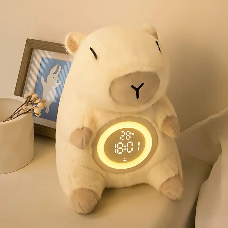 Wecker mit licht, Kinderwecker, Wake up Light Lichtwecker, Niedliche Kapibala Plüschtiere Trainer Uhr, Doppelwecker mit Schlummerfunktion, Wecklicht & Nachtlicht für Kinder (Kapibala)