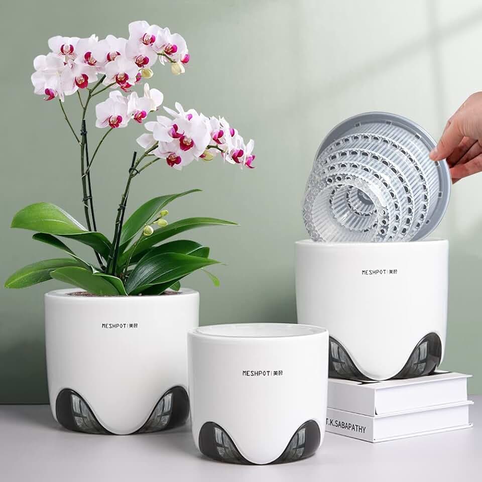 Orchid Pots with Holes for Repotting, Double Layer Plastic Imitate Ceramic Orchid Planter Provide Good Air Circulation, Clear Orchid Pot Match Decorative Orchid Container, 5 Inch, Set of 1