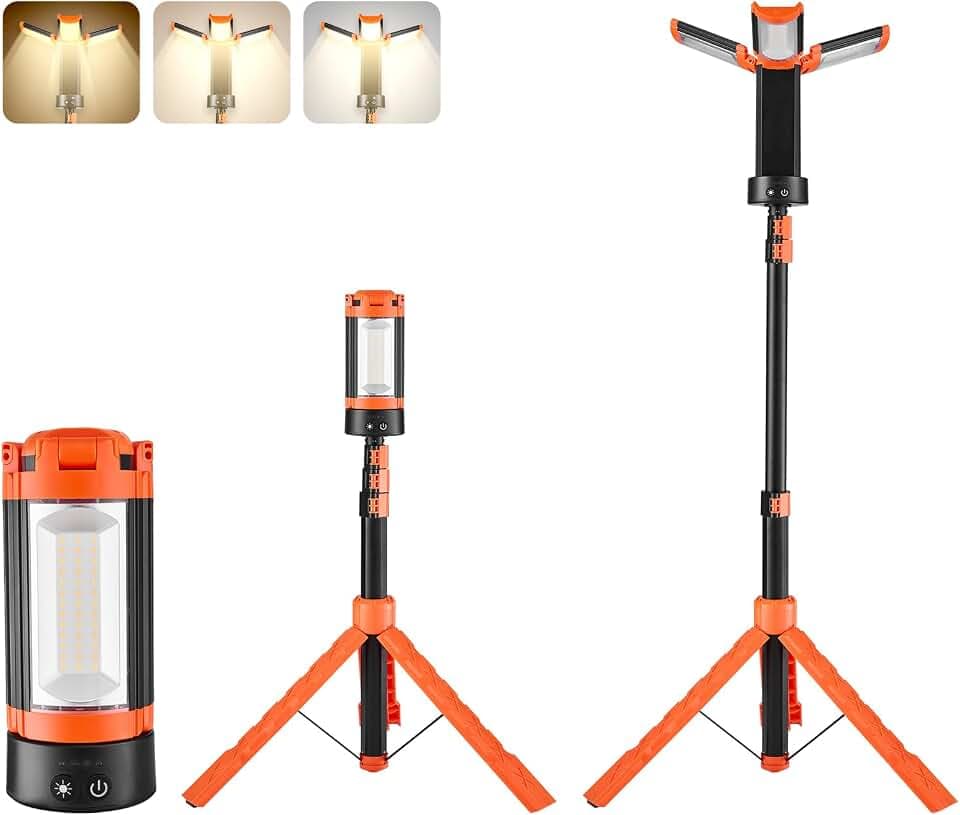 VEVOR Baustrahler LED mit Stativ, Arbeitsleuchte, 13,2 Ah, wiederaufladbares Campinglicht, mit 3 Lampenköpfen, abnehmbarem Stativständer, 2200 LM 3000 K-6500 K dimmbar, Beleuchtung für Baustelle