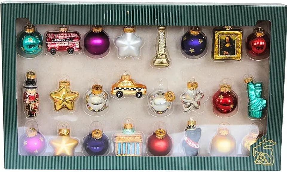 Dekohelden24 Lauschaer Christbaumschmuck - 24er Set Christbaumkugeln Lauscha, Glaskugeln, Glasornamente Weltreise - Baumschmuck zum Adventskalender befüllen, aus Lauscha, Größe: 3 cm je Ornament.