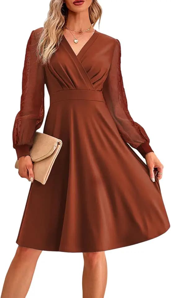 MAYFASEY Damen Langärm Kleid V-Ausschnitt Freizeitkleid A-Linie Hohe Taille Midikleid Locker Fließendes Knielanges Kleid
