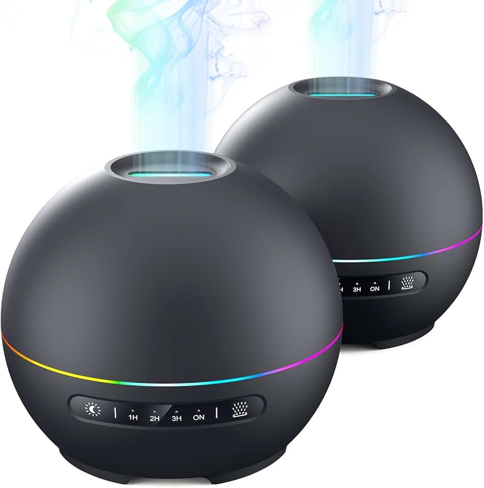 THIMONES 2 Pack Essential Oil Diffuser for Home - 200ml Ultrasonic Aromatherapy Diffuser with 4 Timers & 7 Colors Night Lights, 20dB Quiet Working for 10 Hours (Black+Black)