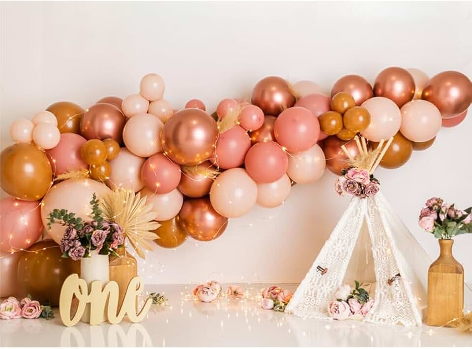 7x5ft Bohemian First Birthday Backdrop for Girls Boho Style Rose Gold Balloons 1st Birthday Party Decoration Baby Shower Background Cake Smash Photo Shoot Props