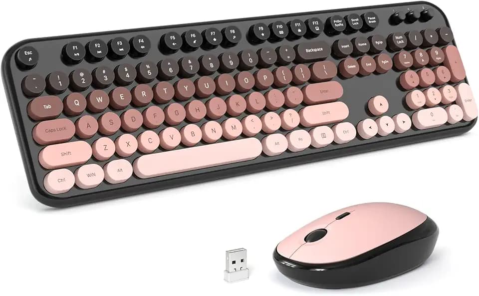 Wireless Keyboard Mouse Combo - Lovely BlackBerry-Gradient Rainbow Full-Sized Typewriter Colorful Keyboards, Round Keycap Plug Play Retro Cute Keyboards for Windows, Laptop, PC, Desktop, Computer