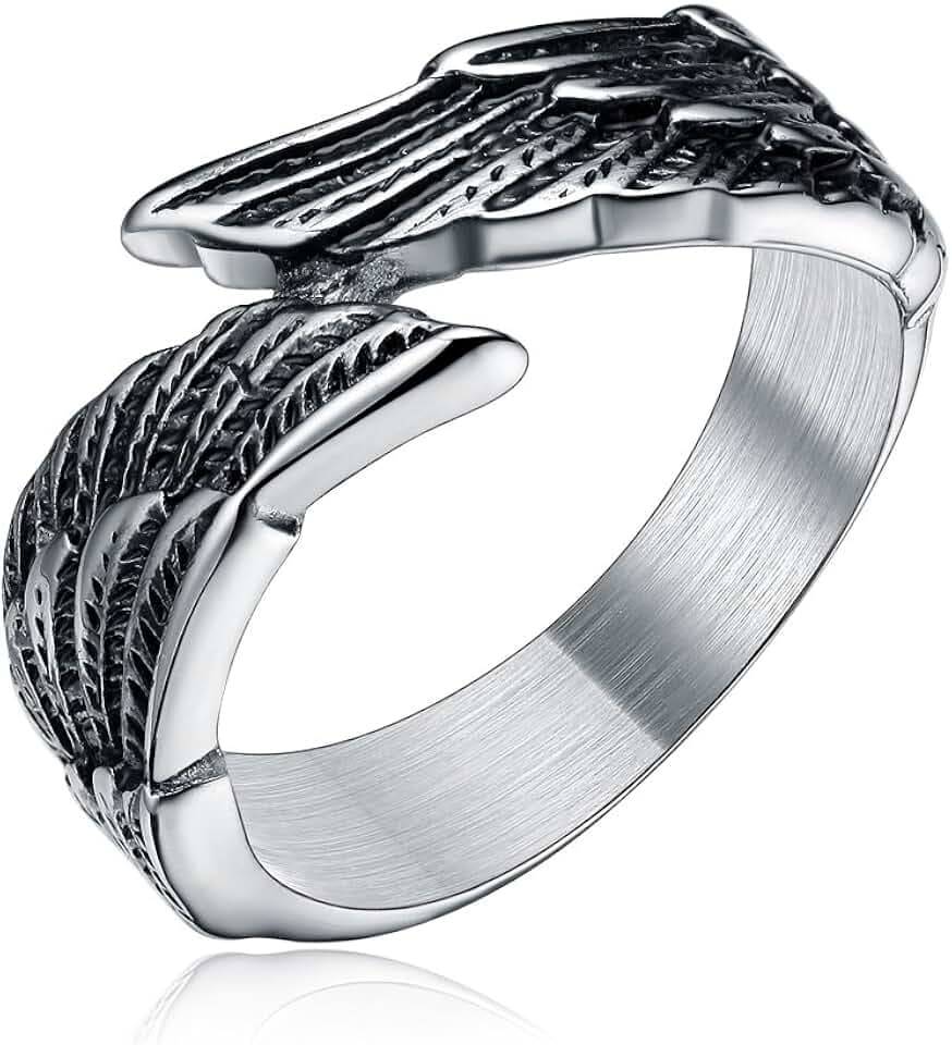 TIGRADE Antique Stainless Steel Ring Feather Angel Wing Cast Black Silver Band Size 4.5-14.5