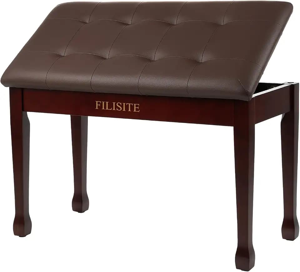 Duet Piano Bench with Storage, Wooden Piano Stool with Waterproof Padded Cushion, Bench Seat for Vanity, Living Room, Bedroom (Brown)