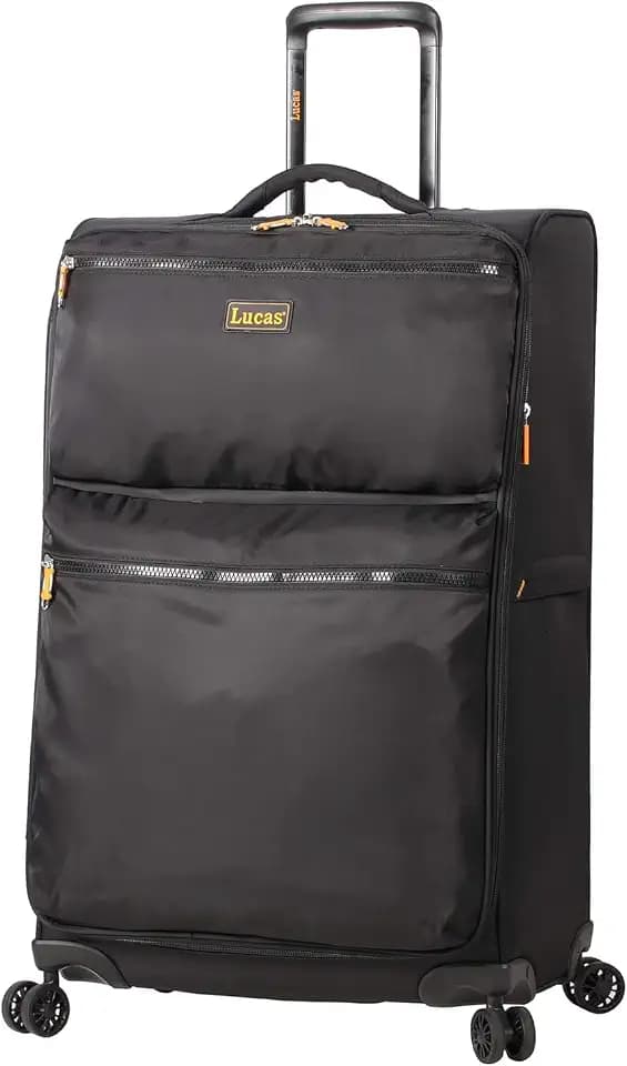 LUCAS Designer Luggage Collection - Expandable 28 Inch Softside Bag - Durable Large Ultra Lightweight Checked Suitcase with 8-Rolling Spinner Wheels (Black)