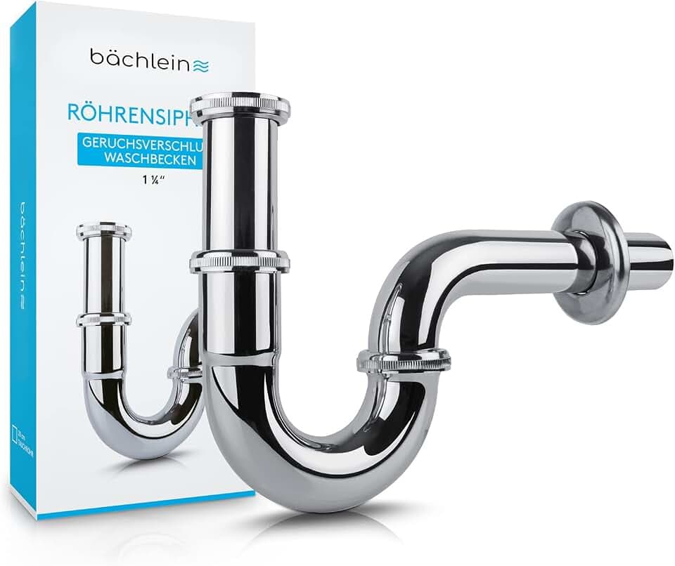Bächlein Universal Siphon für Waschbecken & Waschtisch - Abflussgarnitur passgenau - Geruchsverschluss inkl. Gummimanschette + Einbauanleitung - Röhrensiphon Ablaufgarnitur, Chrom, aus Messing